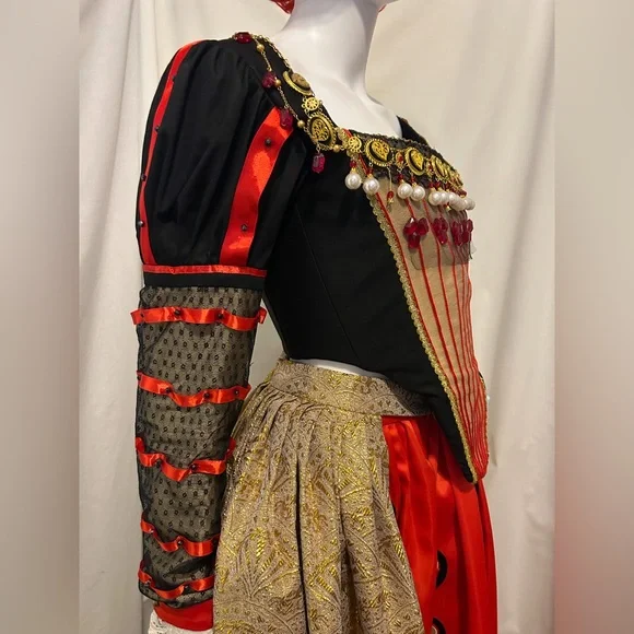 Queen Of Hearts Costume Sz S Handmade Red Gold Gown Alice In Wonderland Cosplay - Picture 13 of 16
